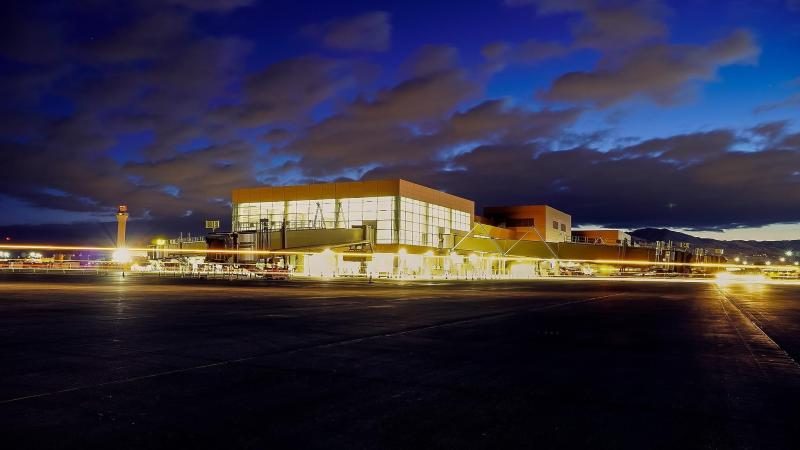 Salt Lake City International Airport North Concourse illuminated at dusk